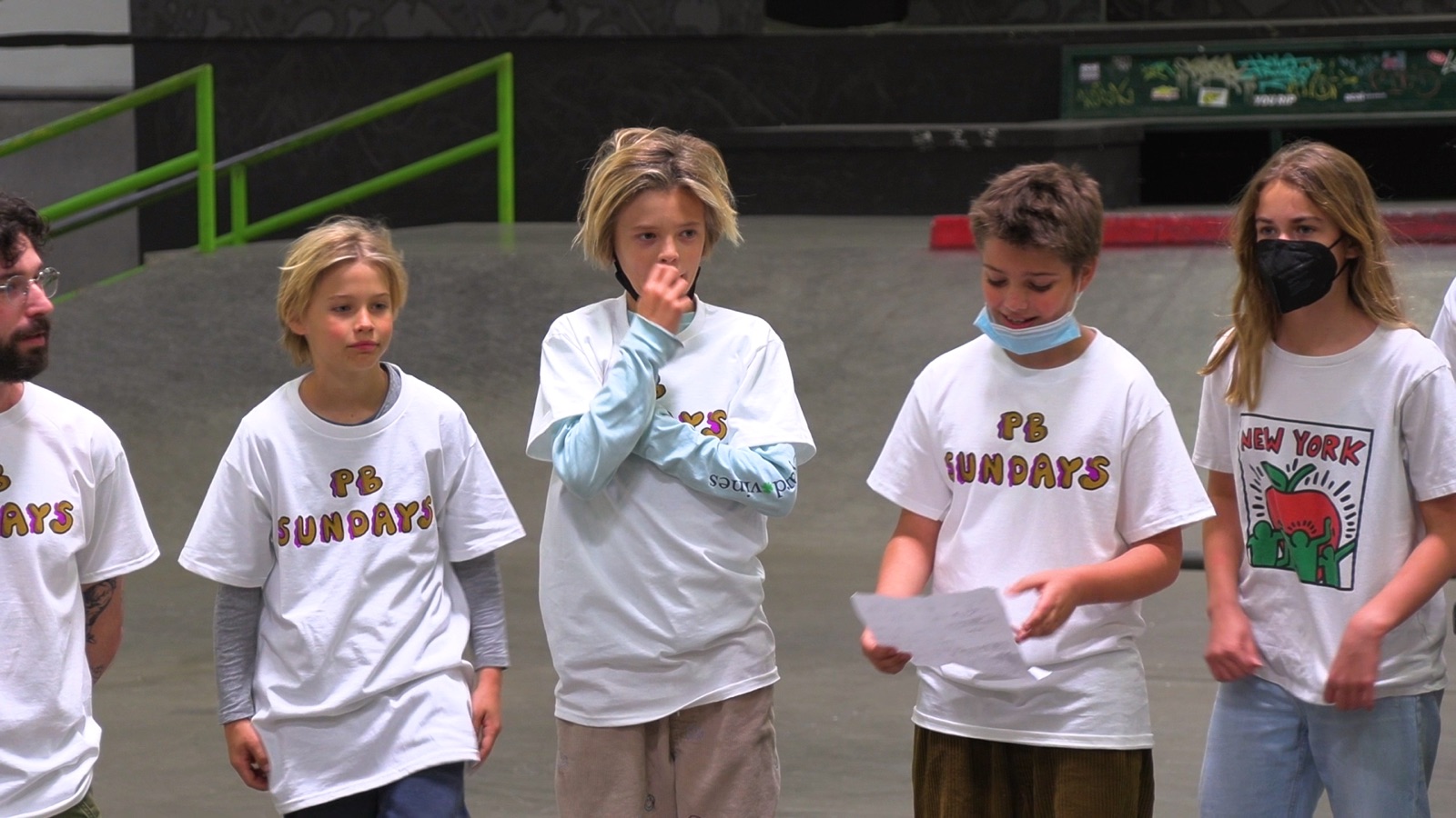 PB Sundays film still — teens at the skate park in PB Sundays shirts